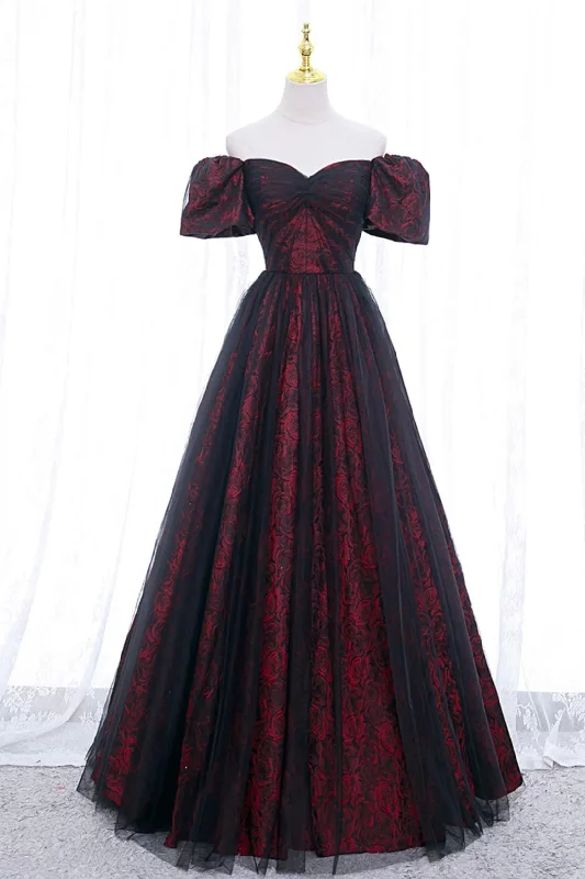 Reduced Prices Burgundy Floral Pattern and Black Tulle Long Off Shoulder Prom Dress with Short Sleeves Reduced Prices Burgundy Floral Pattern and Black Tulle Long Off Shoulder Prom Dress with Short Sleeves