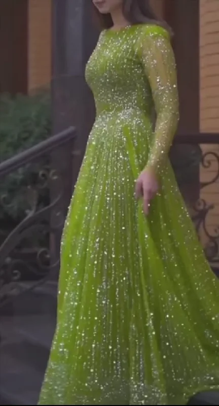 Green Long Sleeves Sparkly Prom Dress,Green Winter Dance Dress Y6226