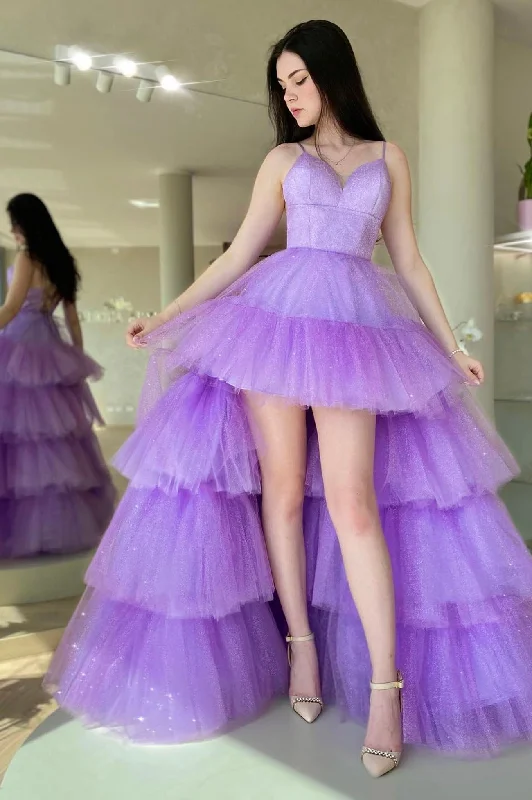 Discount Days Purple Shin Tulle High Low Prom Dress, Cute A-Line Backless Party Dress Discount Days Purple Shin Tulle High Low Prom Dress, Cute A-Line Backless Party Dress