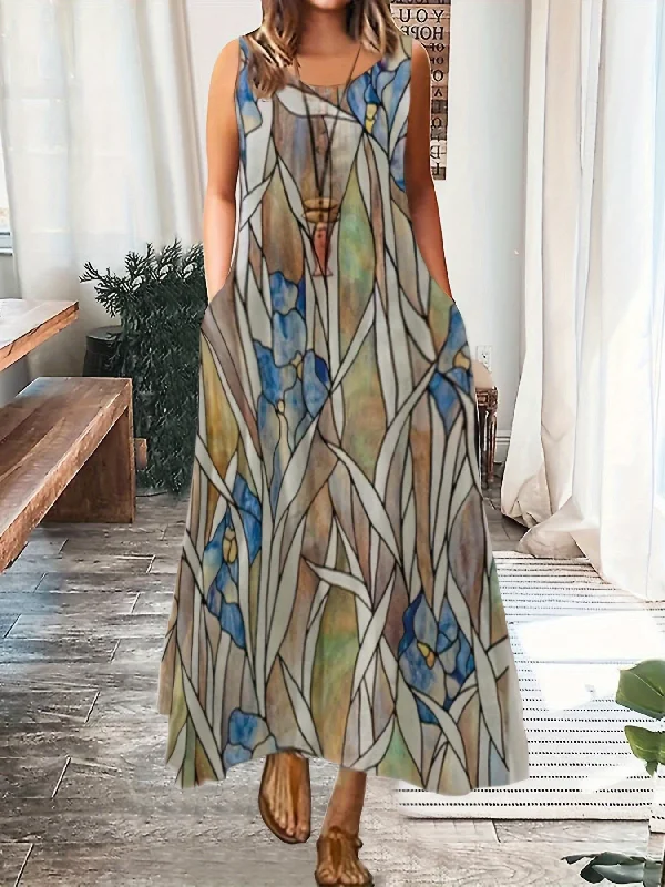 Hot Deal Flower & Leaf Print Sleeveless Round Neck Medium Stretch Maxi Cami Dress With Pockets