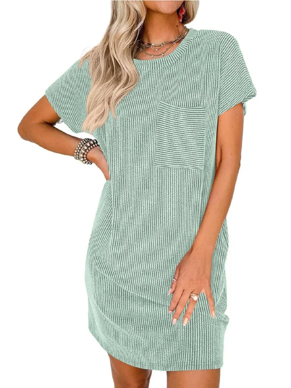 YEAR-End Sale Acelitt Women Casual Summer Crewneck Short Sleeve Ribbed Mini Dress