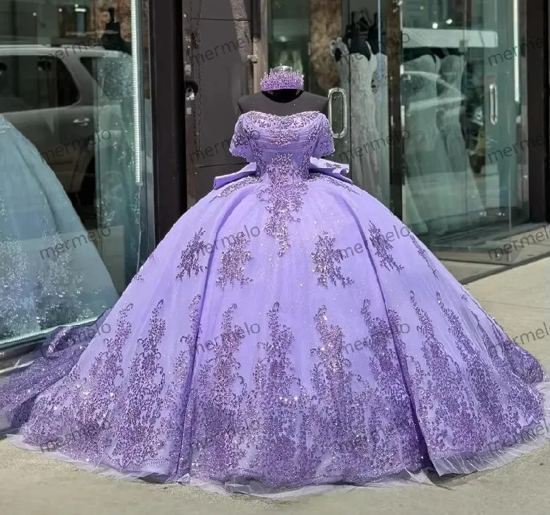 Lilac Purple Sparkling Princess Quinceanera Dresses Elegant Beaded Applique Bow Sweet Train