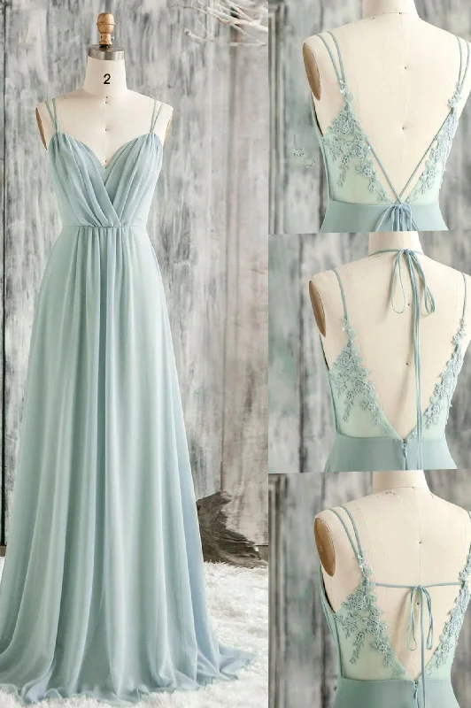 Price Reduction Green Spaghetti Strap Chiffon Lace Long Prom Dress