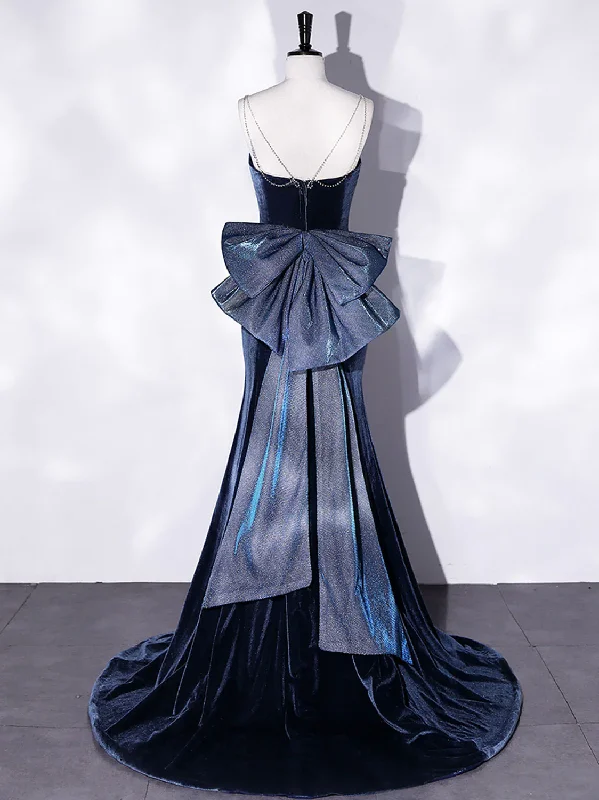 Great Deals sleek dressMermaid Velvet Blue Long Prom Dresses, Blue Velvet Long Evening Dress Y4387