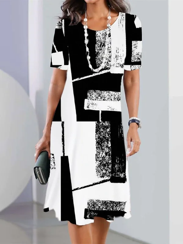 Crazy Savings Geo Print Crew Neck Dress, Casual Short Sleeve Dress