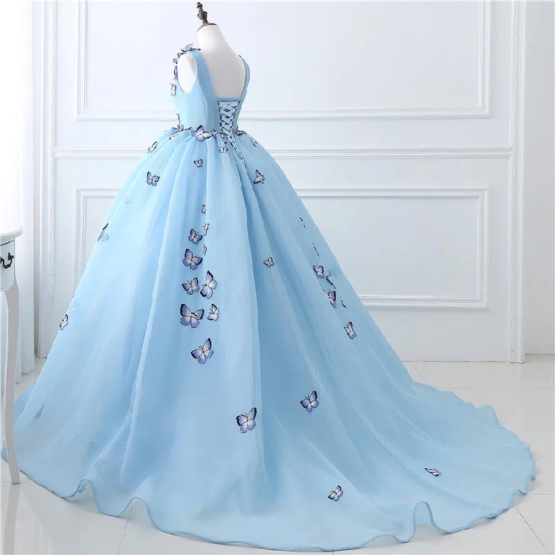 Time-Limited Offer Blue Butterfly Flowers Lace Up Ball Gowns Long Prom Dresses