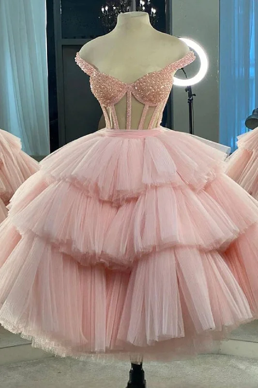 Year-End Sale Pink Tulle Beaded Short Prom Dress, A-Line Party Dress with Corset