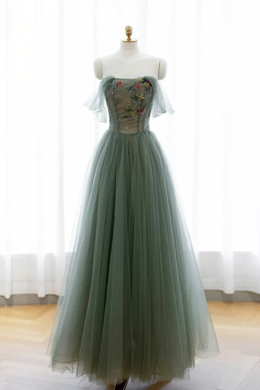 Mega Sale Green Tulle Long Prom Dress, Off Shoulder A-Line Evening Party Dress