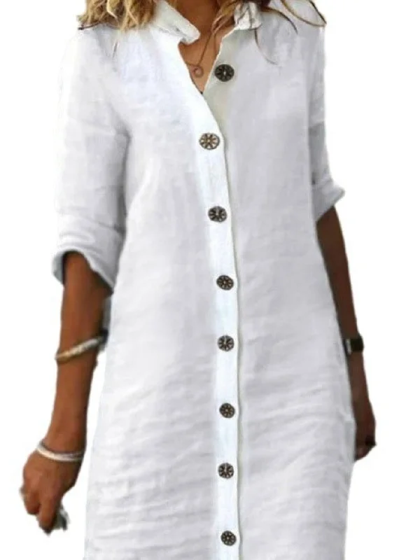 Lowest Price Button Front Half Sleeve Dress, Casual Solid Simple Midi Dress