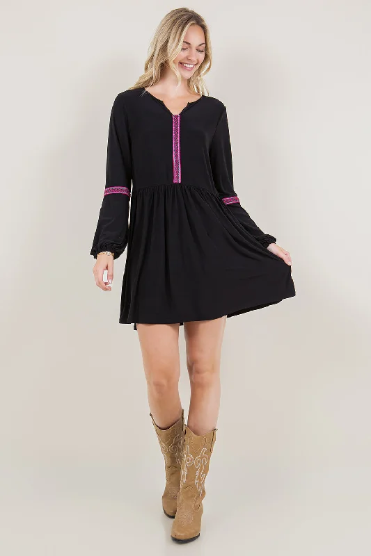 Value Deals casual dressPUFF LS NOVELTY TRIM ALINE DRESS - D3498-ITY-BLK
