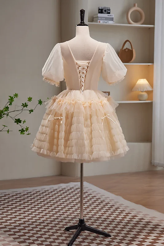 Crazy Savings Champagne V Neck Short Sleeves Tulle Short Homecoming Dresses