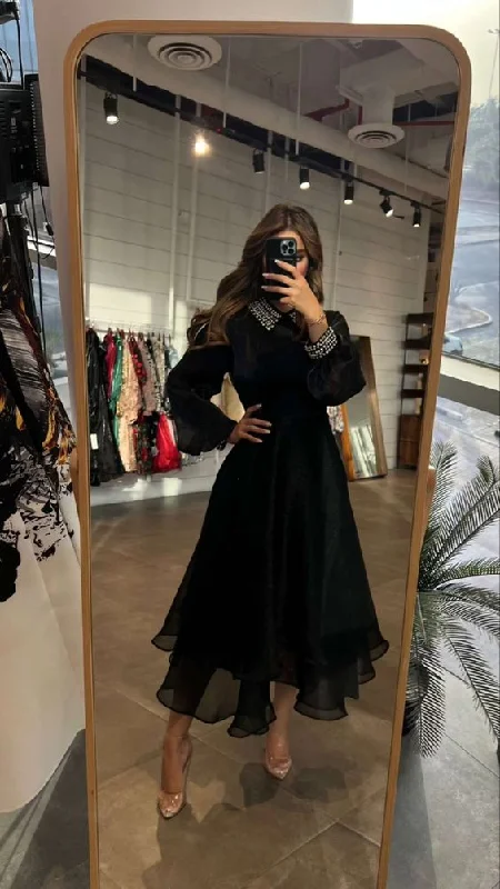 Elegant Long Sleeves Prom Dress O Neck Tea Length Beaded Black Formal Women Party Gowns Y6260