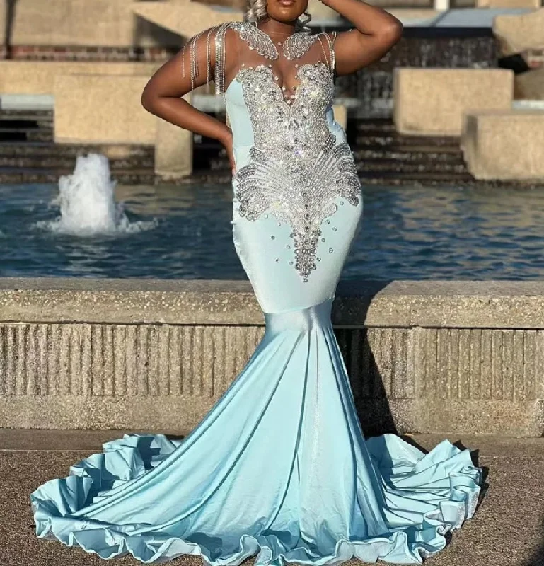 Sky Blue Mermaid Silver Rhinestones Prom Dress Luxury Black Girls Tassels Wedding Dress Birthday Party Gown African robe de bal