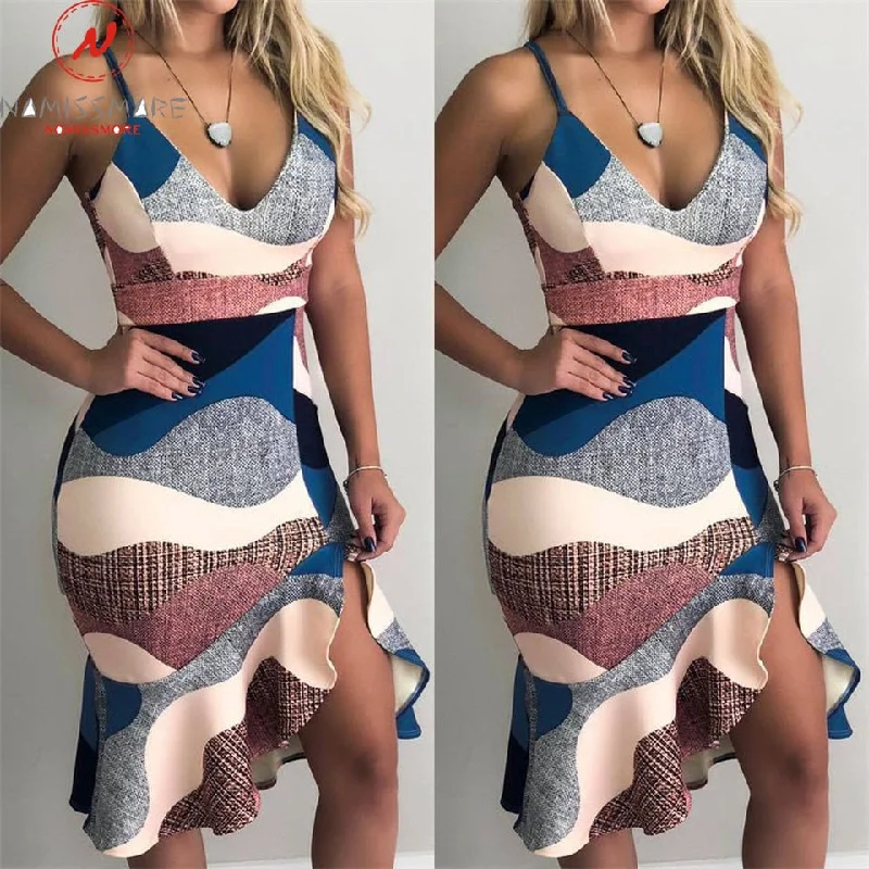 Special Discount winter dressRuffles Decor V-Neck Sling Print Asymmetrical Dress