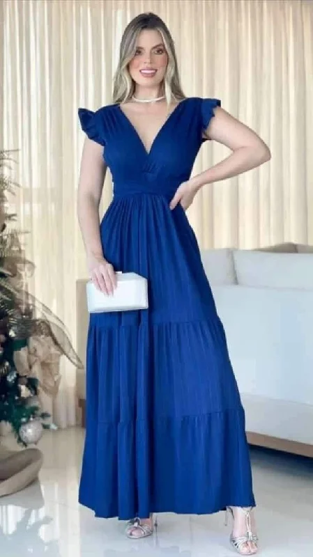 Modest A-line V Neck Blue Prom Dress,Blue Evening Gown  Y5085