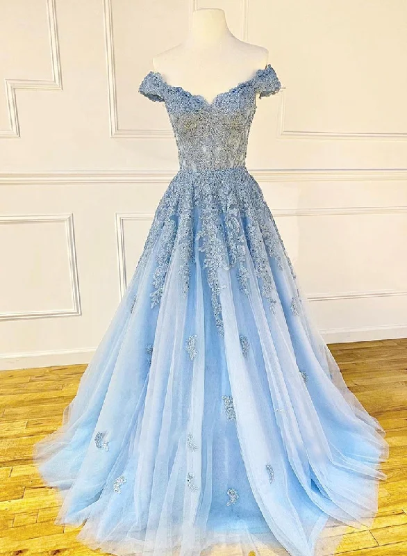 Referral Discount Blue Tulle Lace Long Prom Dress, Off the Shoulder Evening Party Dress