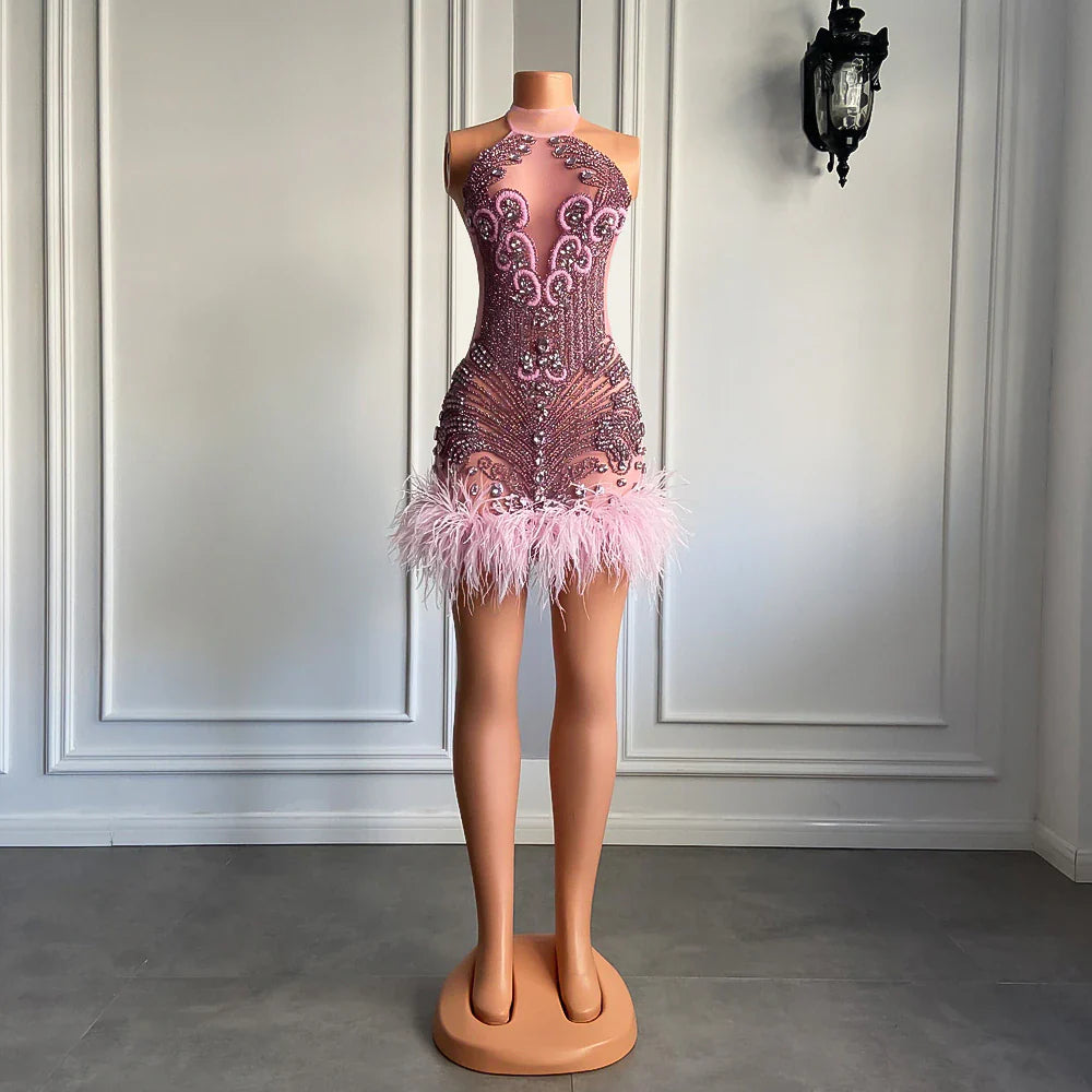 Luxury Pink Diamond Women Birthday Dress Sexy See Through Feather Formal Occasion Cocktail Black Girls Short Prom Dresses