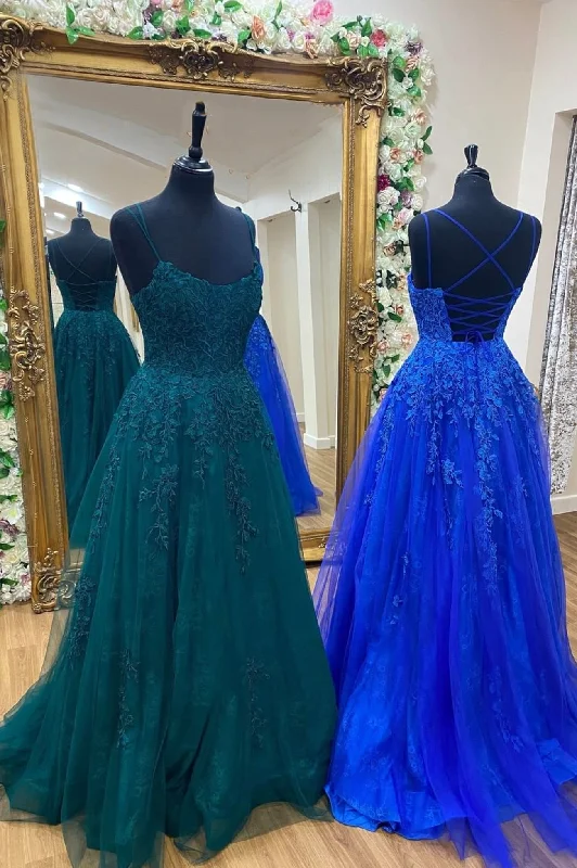 Take Advantage Cute Spaghetti Strap Lace Long Prom Dress, A-Line Backless Evening Dress Take Advantage Cute Spaghetti Strap Lace Long Prom Dress, A-Line Backless Evening Dress