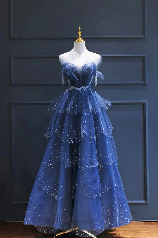 Limited Quantity Dark Blue Tulle Beaded Long Senior Prom Dress, A-Line Evening Party Dress