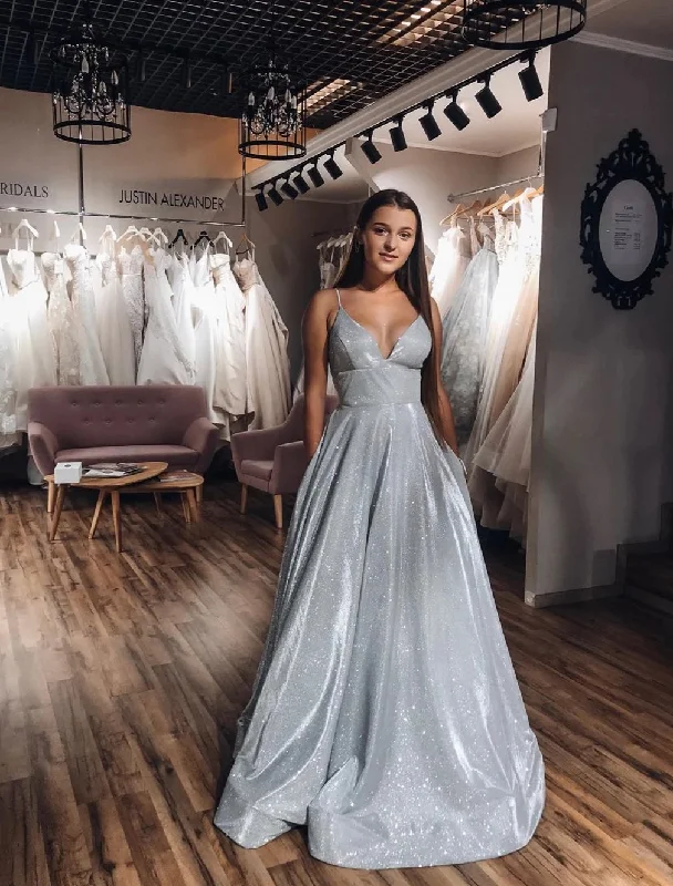 Instant Savings A-Line V-neck Spaghetti Straps Silver Sparkle Prom Dress with Pockets JKQ105 Instant Savings A-Line V-neck Spaghetti Straps Silver Sparkle Prom Dress with Pockets JKQ105