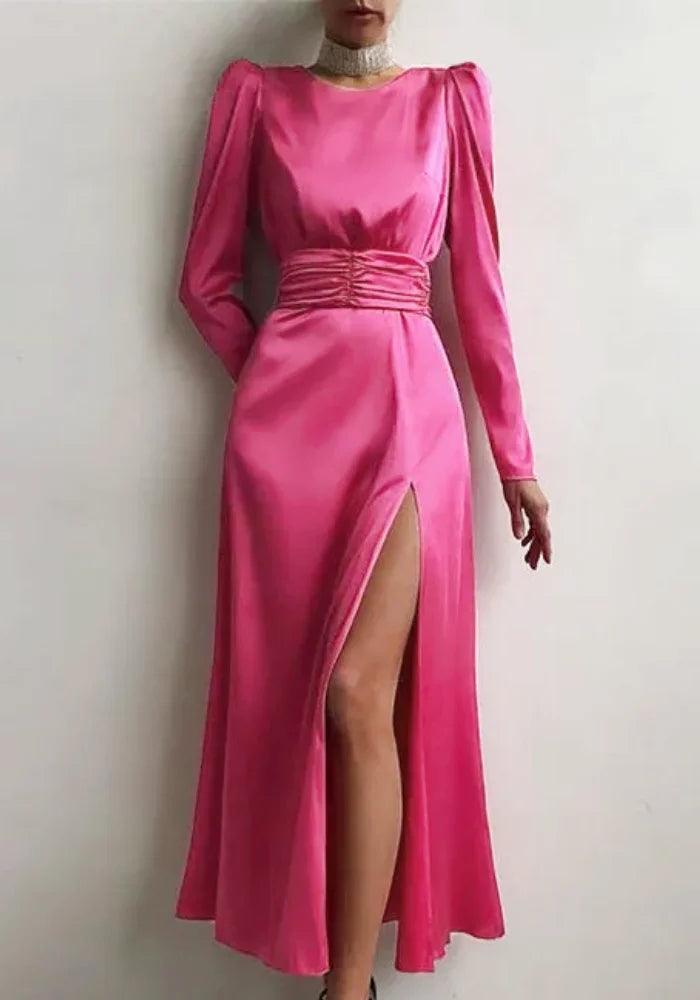 Discount Deals trendy dressHot Pink Satin Dress Long Sleeve