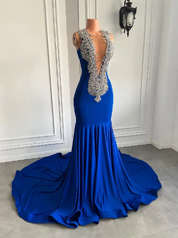 Long Elegant Prom Dresses Sexy Mermaid Style Luxury Sparkly Diamond Royal Blue Spandex Black Girl Prom Gala Gowns