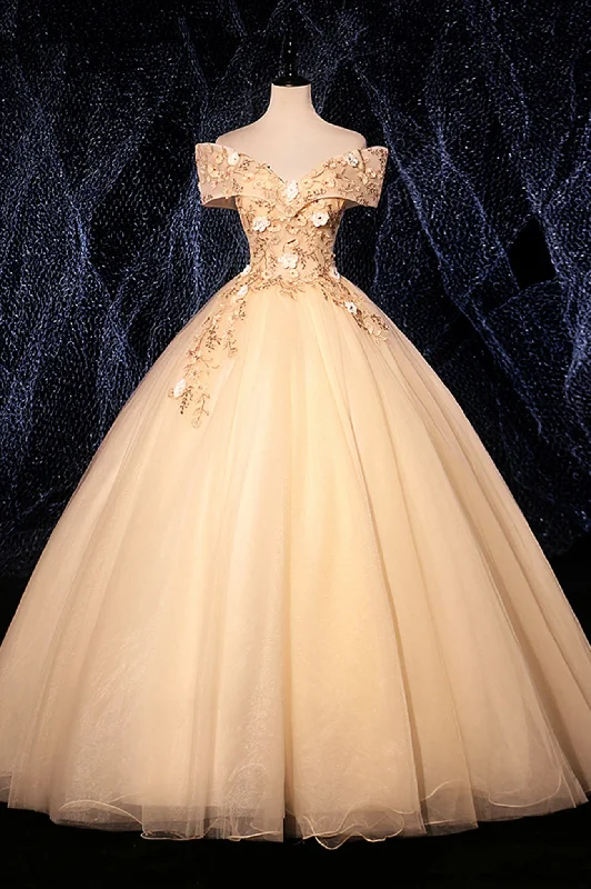 Final Markdown Champagne Tulle Lace Long A-Line Ball Gown, Off the Shoulder Evening Party Dress