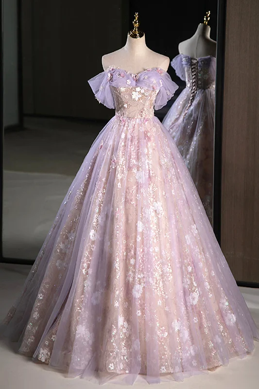 Price Blitz Purple A-Line Off the Shoulder Sequins Prom Dress, Lovely Tulle Corset Floor Length Evening Dress