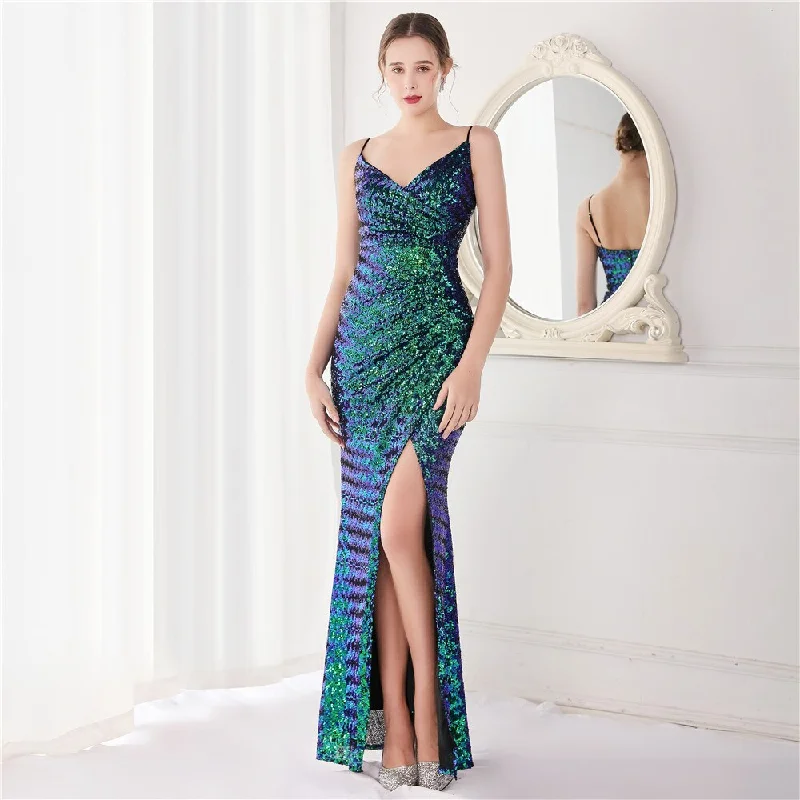 BerriesJam - High Slit Sequin Backless Sleeveless Formal Evening Dress