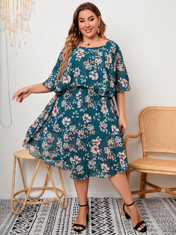 BerriesJam - Fashion Floral Ruffles O Neck Short Sleeve Midi Party Dress