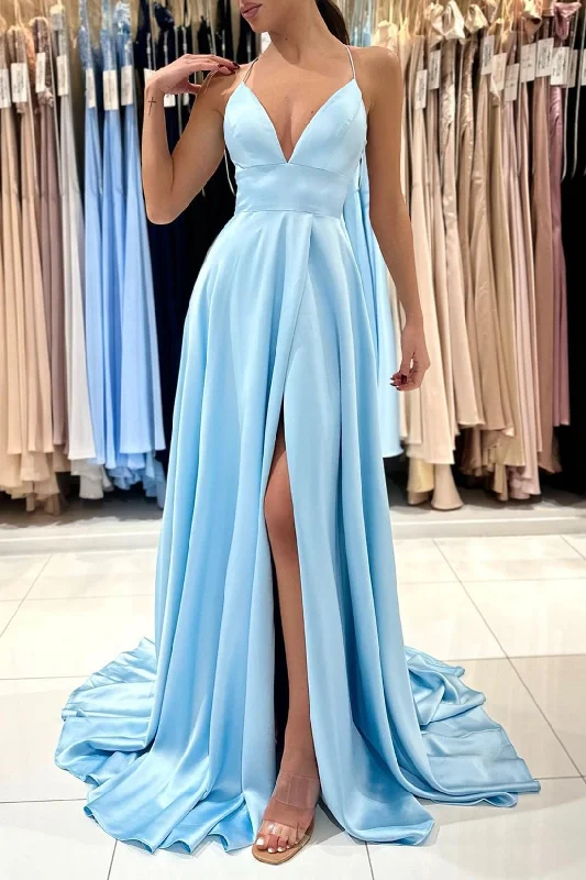 Instant Savings Blue V-Neck Satin Long Prom Dress, Simple A-Line Evening Dress