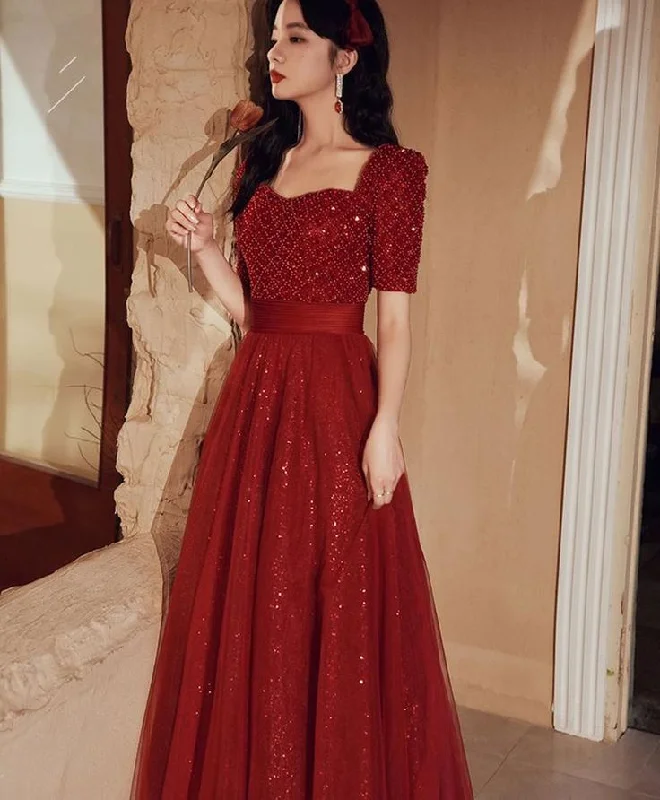 Incredible Offers classic fit-and-flare dressBurgundy A-line Beading Long Prom Dress, Burgundy Tulle Formal Dress Y5849