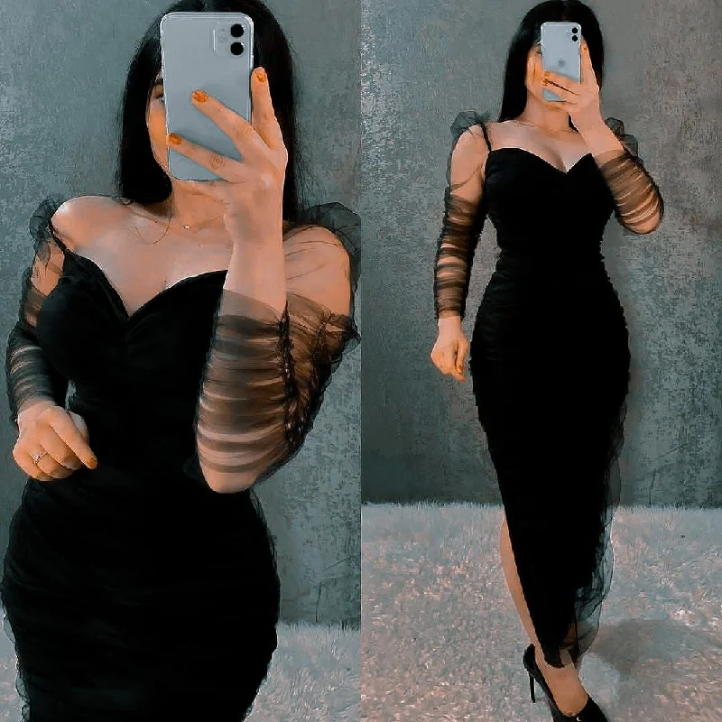 Clearance Event casual knit dressWomen Outfit Black Mesh Long Sleeves Sheath Prom Dress,Black Cocktail Dress Y5549