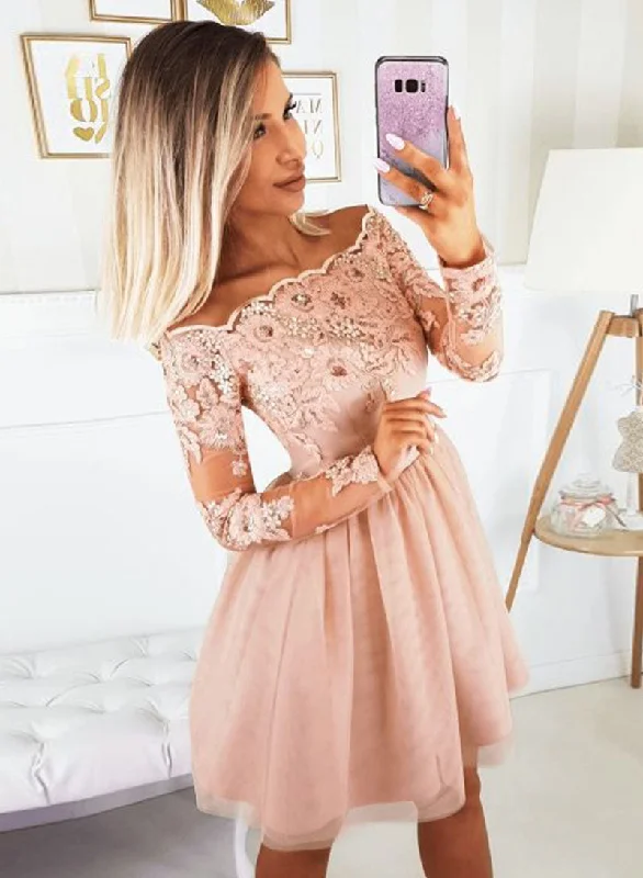 Low Prices Pink Tulle Lace Knee Length Prom Dress, Long Sleeve Evening Party Dress