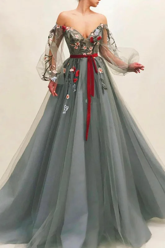 Super Deal Gray tulle lace long prom dress A line evening dress