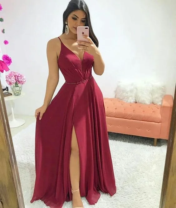Savings Event puff sleeve dressElegant A-line V Neck Prom Dress With Split  Y5725