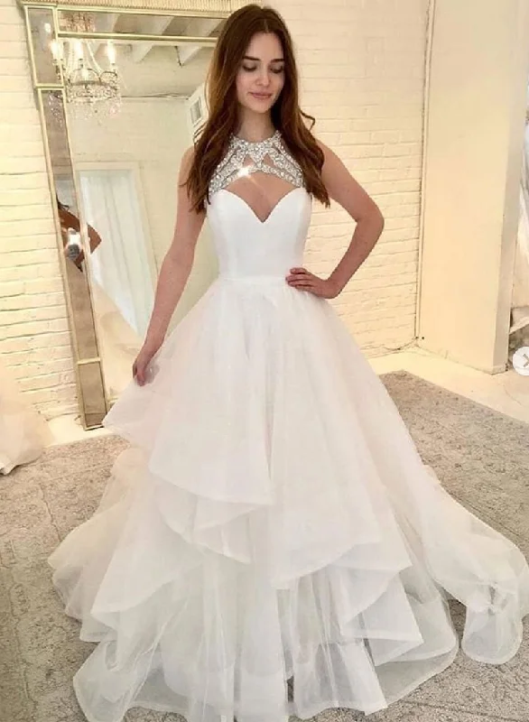 Price Rollback White Tulle Beaded Long Prom Dress, White Evening Party Dress