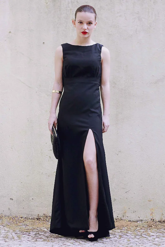Overstock Sheath Small Round Collar Floor Length Front Slit Backless Chiffon Evening Dress