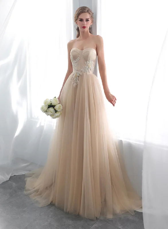 While Supplies Last Champagne Strapless Tulle Lace Long Prom Dress, Champagne Floor Length Evening Dress