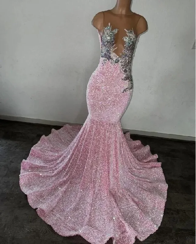 Sexy Pink Prom Dresses Black Girls 2024 Luxury Bead Crystal Sparkly Velvet Sequin Sheer Top Formal Evening Party Gala Gowns