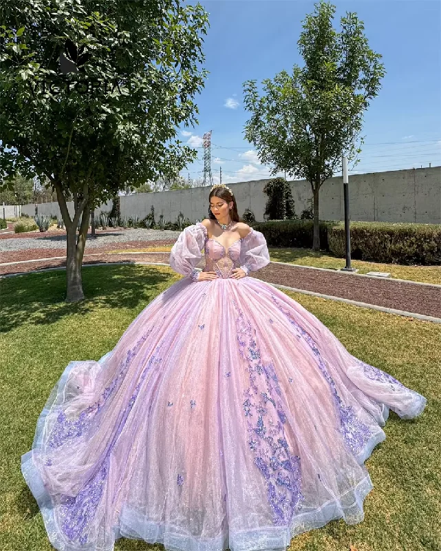 Pink Puff Three Quarter Sleeves Beaded Rhinestones Quincenara Dresses Purple Lace Appliques 2024 Birthday Luxury Dress