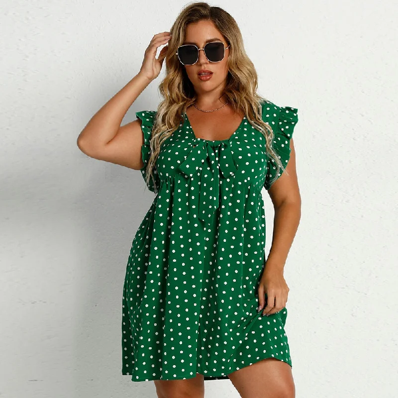 BerriesJam - Dot Green Short-sleeved Loose  Plus Size Dress