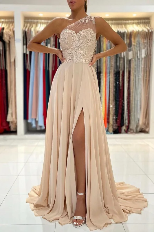 Limited Time Cute One Shoulder Chiffon Lace Long Prom Dress