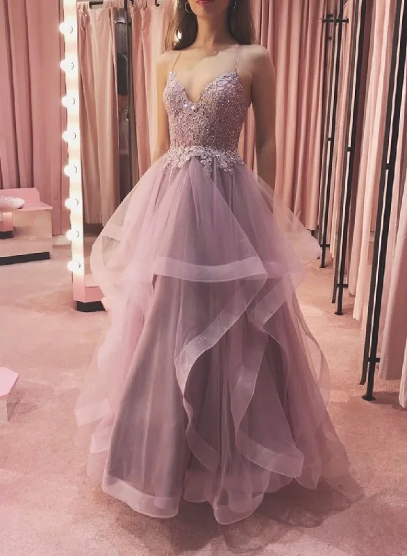 Mega Sale Pink V-Neck Tulle Lace Long Prom Dress, A-Line Spaghetti Strap Evening Dress