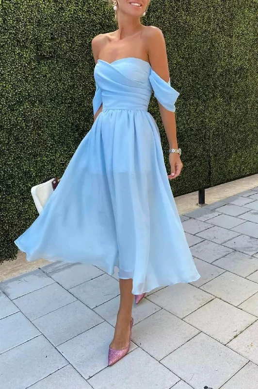 Big Discounts Blue Chiffon Short Prom Dress, A-Line Off the Shoulder Evening Dress Big Discounts Blue Chiffon Short Prom Dress, A-Line Off the Shoulder Evening Dress