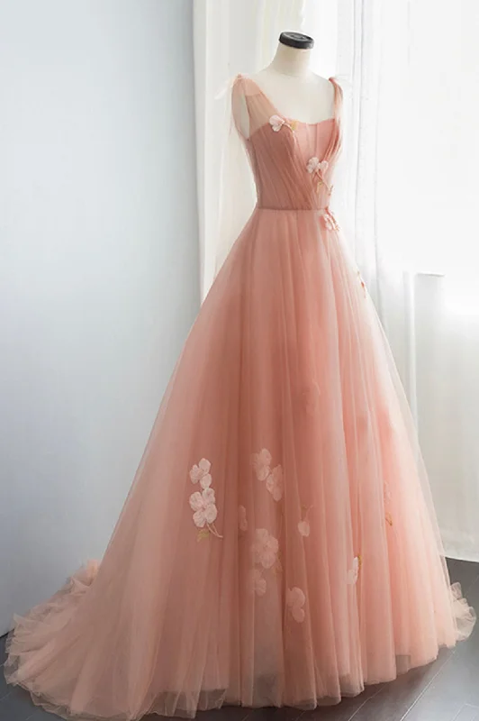 Super Deal Pink Tulle Long Prom Dress, Beautiful A-Line Evening Party Dress