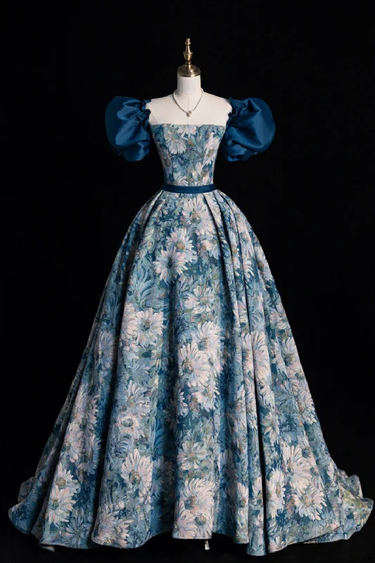 Weekend Deal Blue Floral Long A-Line Prom Dress, Elegant Short Sleeve Evening Dress
