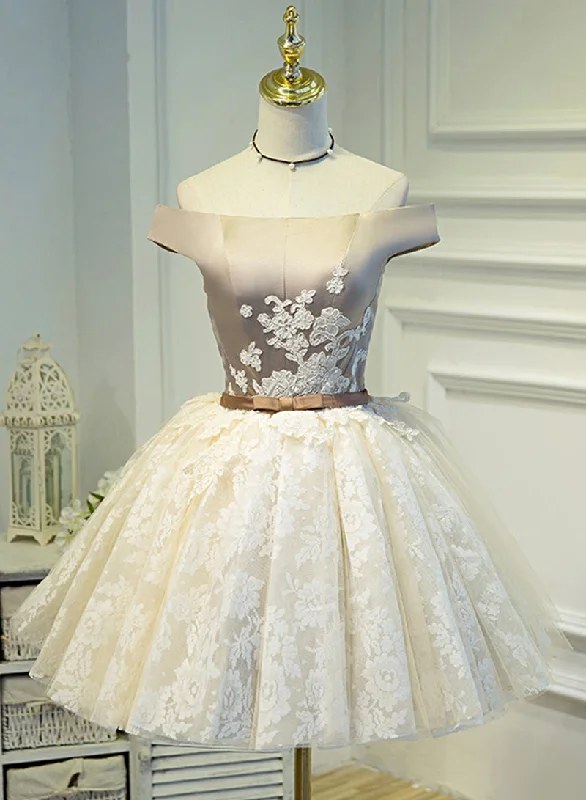 Super Sale Champagne Lace Short Prom Dress, Cute Off the Shoulder Cocktail Dress