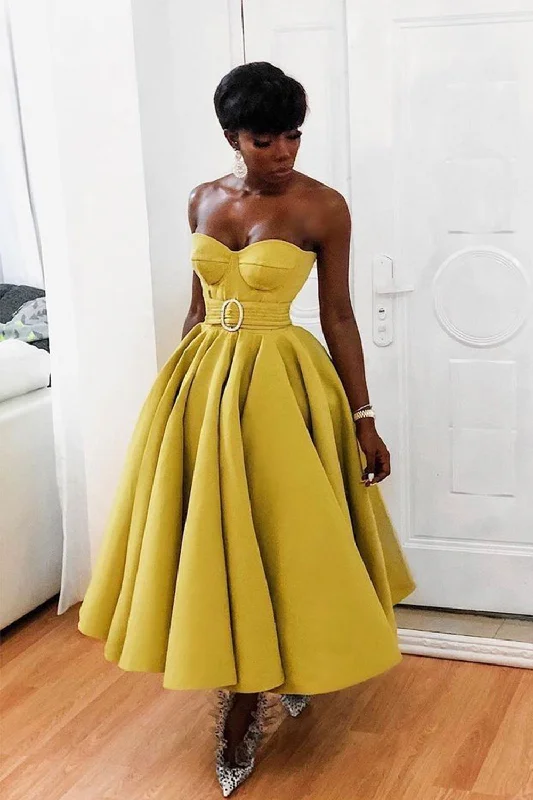 Deal Alert Yellow A-Line Sweetheart Neck Satin Tea Length Prom Dress