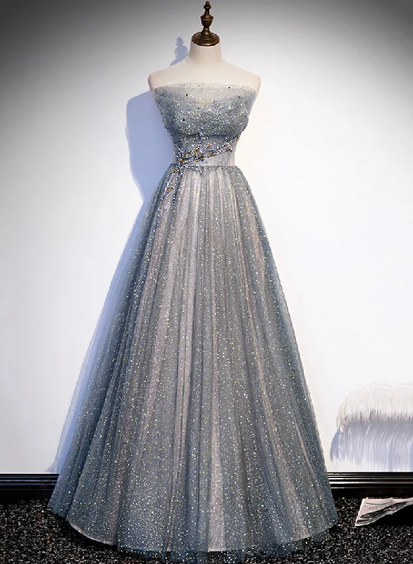 Value Deals Gray Strapless Tulle Beaded Long Prom Dress, Gray A-Line Evening Party Dress